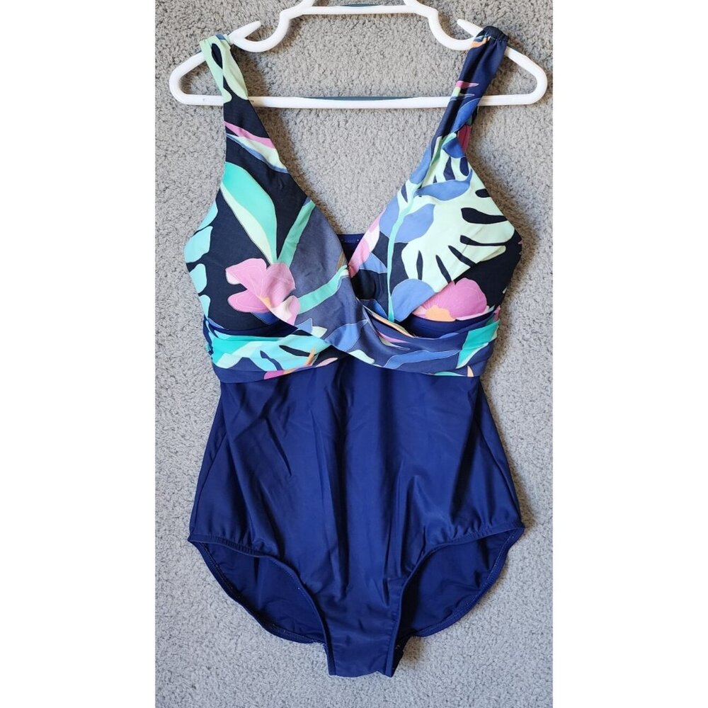 Maxine of Hollywood Sleeveless V Neck One Piece Swimsuit Blue/Floral Print Sz 12